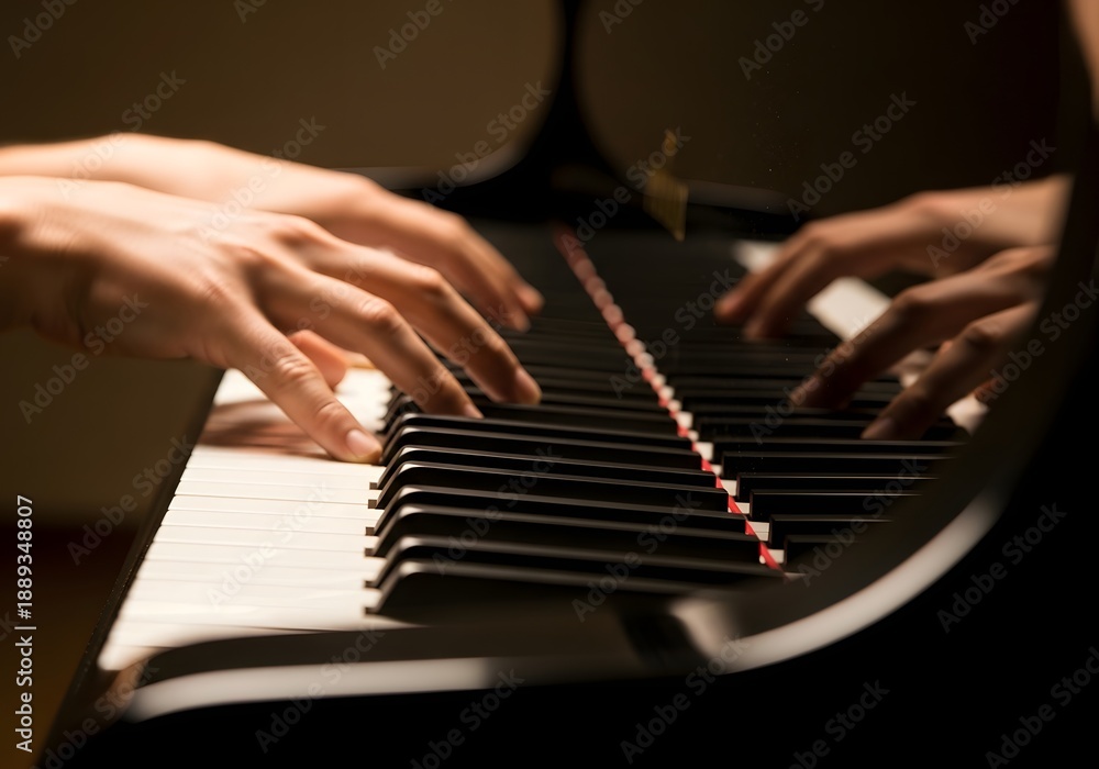 Obraz premium Close-up of Musician's Hands Playing Grand Piano Keys in Dark Concert Hall for Music Performance Concept