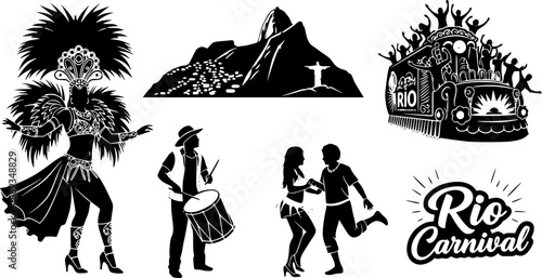 set of Rio Carnival Brazil Silhouette Icon isolated black and white