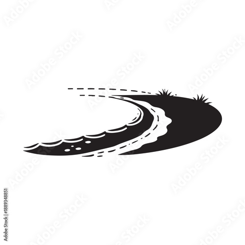 Black silhouette of a winding river or stream with grass on the bank, suggesting journey and nature
