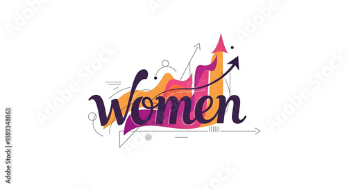 International womens day vibrant colorful logo with the word women and an upward trending arrow symbolizing growth and empowerment