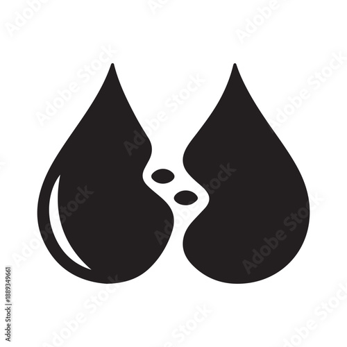 Abstract black silhouette of two large drops merging with smaller droplets inside, symbolizing connection or fluidity
