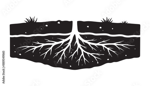 Black silhouette of a cross-section of soil showing layers, grass, and a detailed root system below ground
