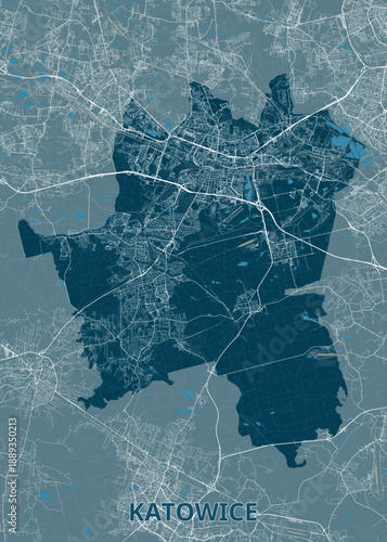 Map of Katowice, Poland. The city's outline is filled with a dense network of streets and roads, rendered in white against a dark blue background.