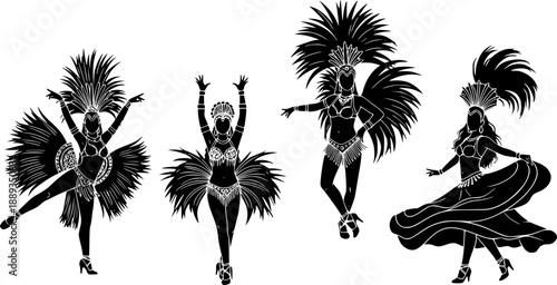 set of Samba Dancer with Feathers Silhouette Icon isolated black and white