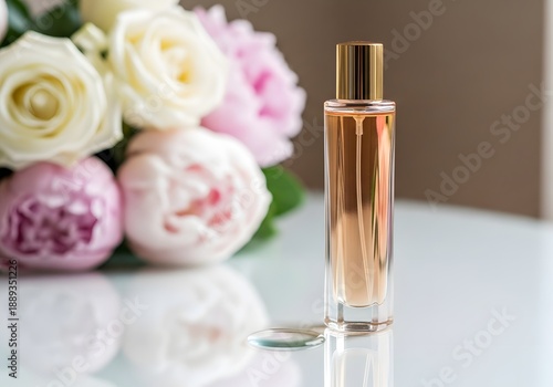 Elegant Perfume Bottle with Golden Cap on Reflective Surface Next to Blurred Pink and White Flowers for Beauty and Luxury Concepts with Copy Space