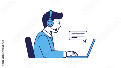 Customer support agent with headset and laptop in a minimalist blue and white illustration