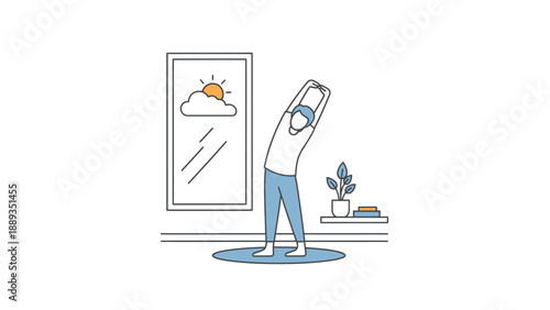 Person engaging in a morning stretch routine at home, promoting wellness and a healthy lifestyle