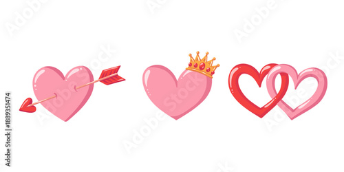 Pink heart love symbols set. Cartoon vector illustration collection isolated on white background 