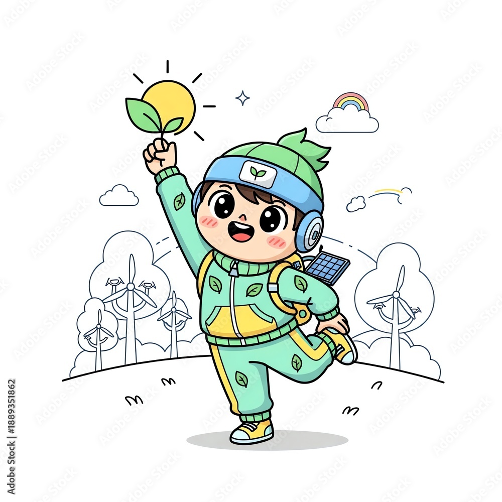 Naklejka premium Cute Child Celebrating Renewable Energy and Nature.