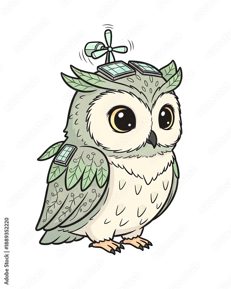 Fototapeta premium Cute Owl Character with Solar Panels and Wind Turbine.