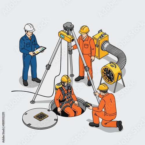 Confined Space Entry Safety Team Monitoring and Ventilation Equipment for Industrial Work.