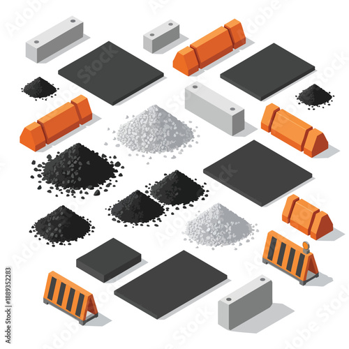 Construction materials and safety barriers isometric collection for roadwork and infrastructure projects.
