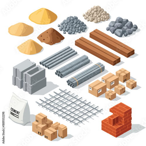 Construction materials isometric illustration: sand, gravel, pipes, bricks, cement, rebar and cardboard boxes for building projects.