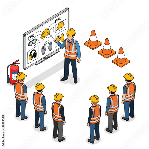 Construction site safety training for workers, instructor pointing at PPE on a whiteboard, safety cones and fire extinguisher.