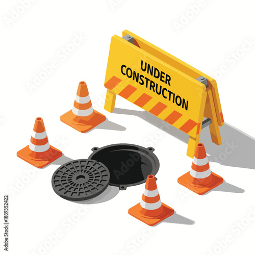 Construction Site Scene: Traffic Cones, Manhole Cover, and "Under Construction" Signage.