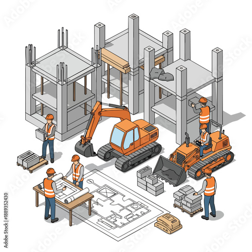 Construction site with workers, excavators, and blueprints, symbolizing building and development.