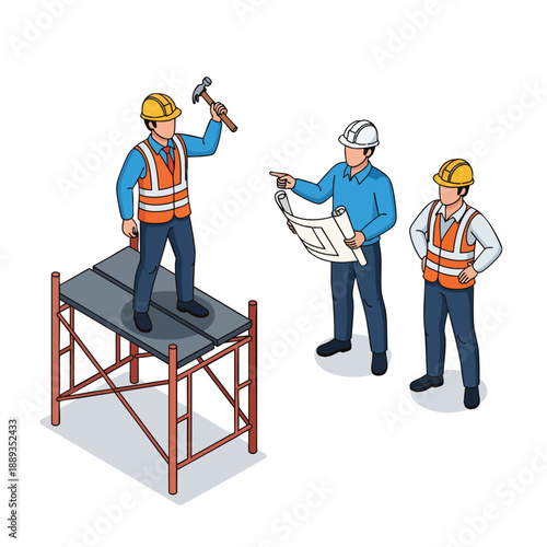 Construction team collaborating on a blueprint during site inspection, safety equipment worn.