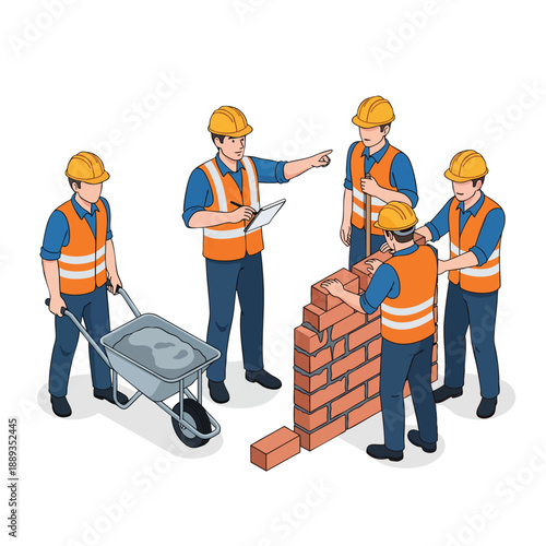 Construction teamwork: construction workers building a brick wall with a wheelbarrow and a supervisor.