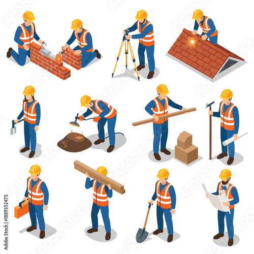 Construction Worker Icon Set: Building, Roofing, Surveying, and Material Handling.