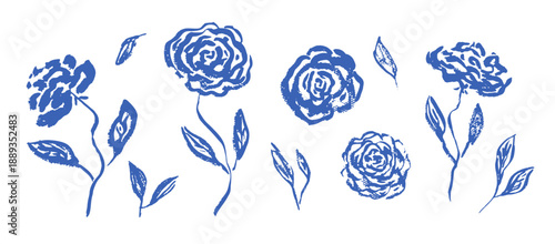 Set of hand drawn textured blue ink rose or peony flowers and leaves. Sketch vector grunge floral blossoms and grass elements, symbols for pattern design, greeting card decoration, logo, tattoo