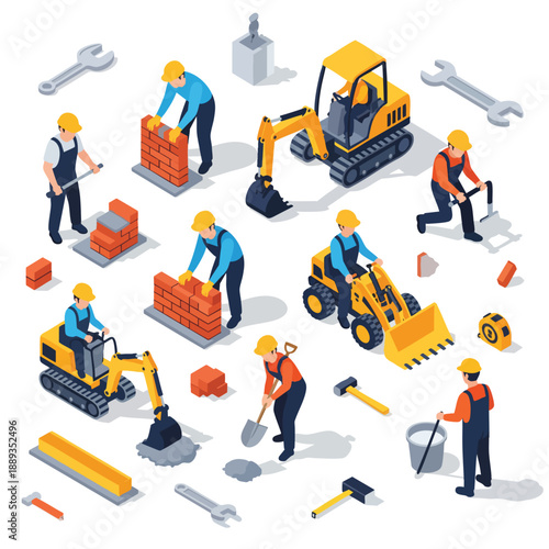 Construction Workers and Equipment Building Isometric Scene.