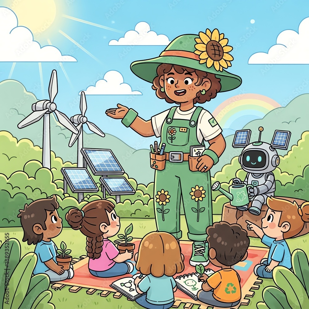 Fototapeta premium Ecofriendly Education Teacher Explains Renewable Energy to Children.