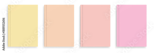 Vector blank warm light pastel colors realistic book cover mockups, closed organizer or notebook cover template with sheet of A4. Front view of yellow, orange and red notepad with binding mock up