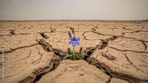 Single Blue Flower Growing in Cracked Dry Earth Symbolizes Hope and Survival
