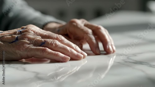 Fingers tapping on tabletop. Close-up of fingers tapping lightly on a smooth tabletop, conveying subtle movement and quiet anticipation.