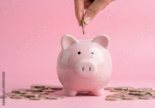 Hand depositing coin into pink piggy bank with scattered money on a clean background, symbolizing savings, investment, and financial planning with copy space.