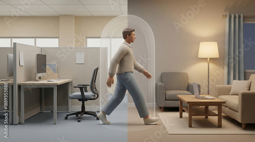 Man Transitioning from Office to Home, Symbolizing Hybrid Work and Work-Life Balance
