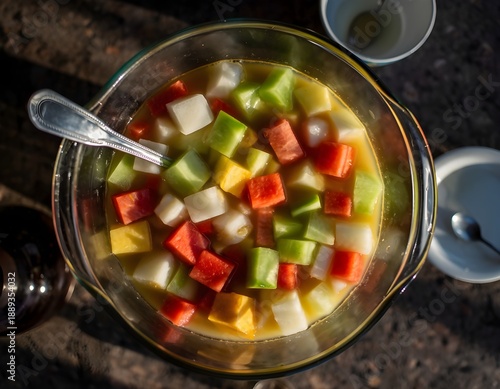 Top View of Colorful Indonesian Fruit Soup (Es Buah / Sup Buah) in Glass Bowl