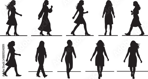 Silhouettes of women walking in various poses and styles