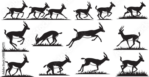 Deer Silhouettes Running in Various Dynamic Poses and Actions