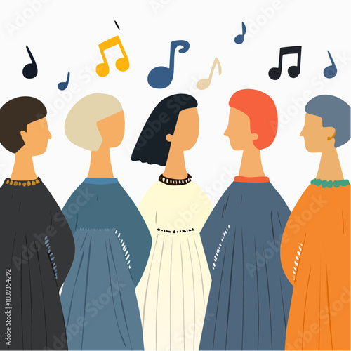singing group vector with colorful notes and flowing robes for SVG sticker branding and musical harmony campaigns