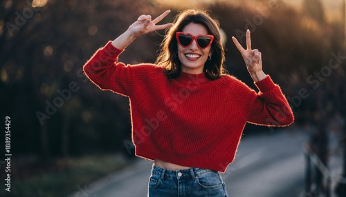 Wallpaper Mural Happy young woman making double peace sign gesture with bright smile, wearing red knit sweater and heart sunglasses. Perfect for lifestyle campaigns, social media, and positivity content. Torontodigital.ca