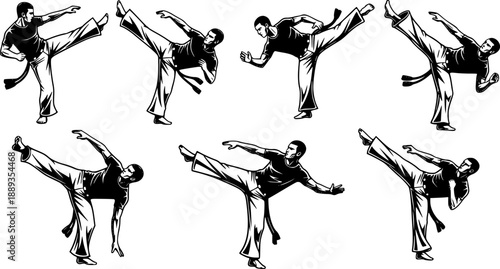 set of icons, capoeira fighters performing dynamic kicks and movements in a martial arts combat sequence, black and white 