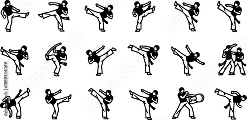 set of icons, capoeira fighters performing dynamic kicks and movements in a martial arts combat sequence, black and white 