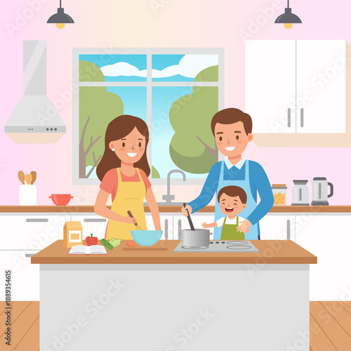 Happy family with a child cooking a meal together in a modern kitchen, healthy lifestyle and parenting flat vector illustration