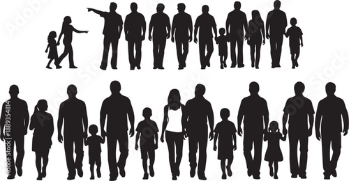 Diverse group of people walking together in silhouette style