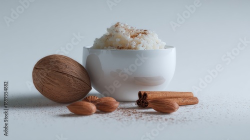 Rice pudding delicacy served in a bowl with nuts and aromatic cinnamon sticks