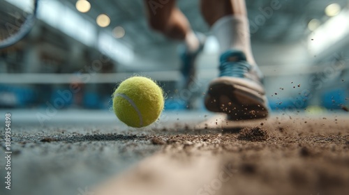 Dynamic tennis action shot featuring a blurred player and focused ball