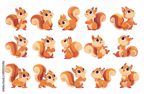 Cute cartoon squirrel character poses. Nut products happy animal mascot vector set