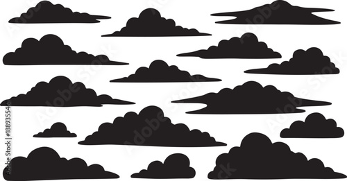 Collection of various black cloud silhouettes on white background