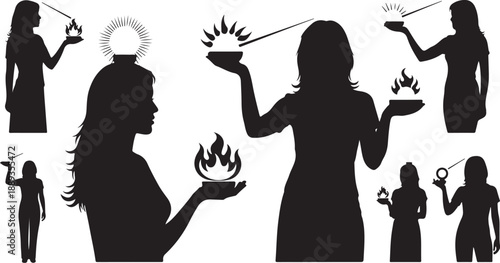Silhouette of woman holding fire and halo in various poses