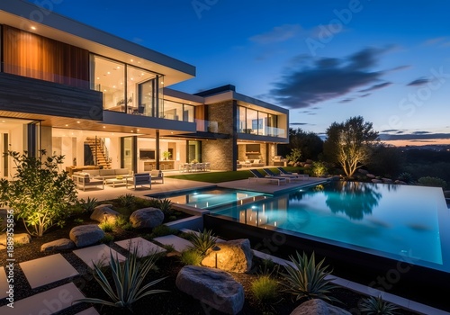 Wallpaper Mural Luxurious Modern House with Illuminated Infinity Pool and Landscaped Garden at Twilight, Showcasing Upscale Outdoor Living and Architectural Design Torontodigital.ca
