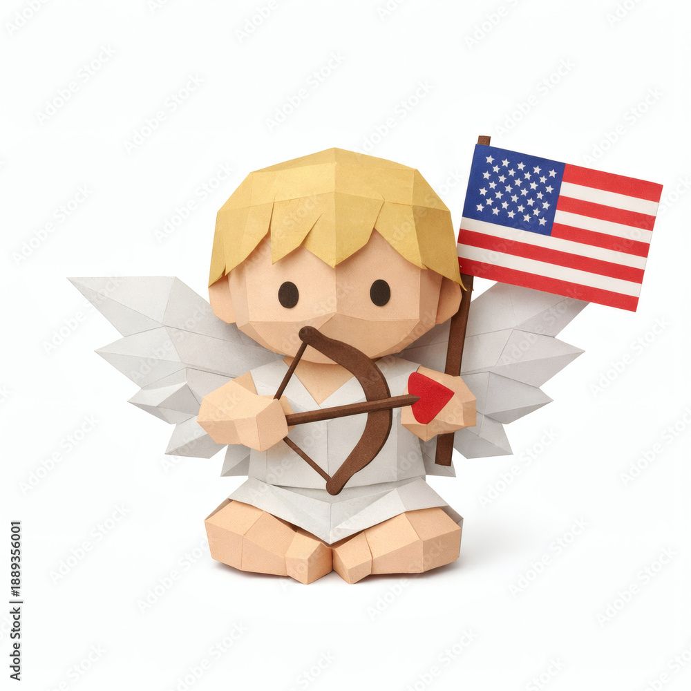 Fototapeta premium Paper-Crafted Cupid with a Patriotic Flair: A unique paper-crafted Cupid, bearing a bow and arrow and proudly holding an American flag. It's a charming celebration of love and patriotism.
