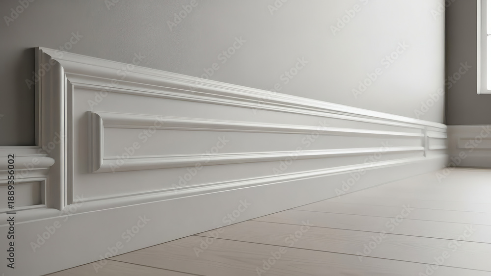 Obraz premium White Baseboard Molding on Light Gray Wall with Tile Floor