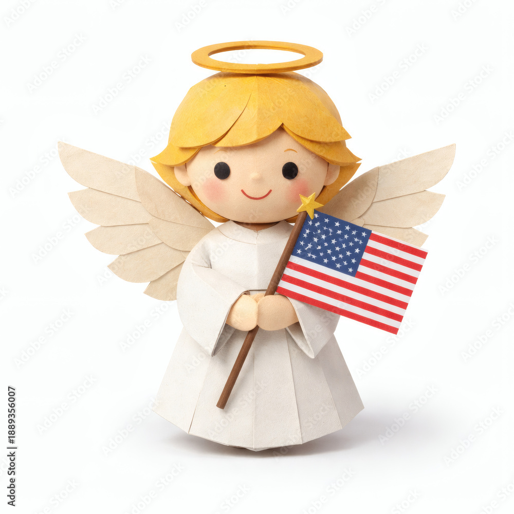 Fototapeta premium Guardian Angel: A whimsical representation of an angel proudly holding an American flag. A symbol of faith, patriotism, and national pride.