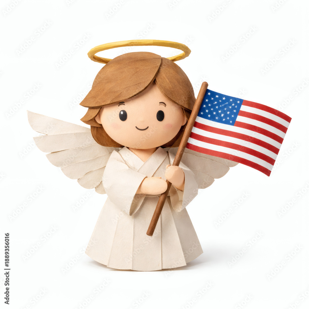 Fototapeta premium Angel with American Flag: A cheerful angel figurine, holding the American flag with pride, embodies patriotism. The composition symbolizes a beacon of hope and national pride.
